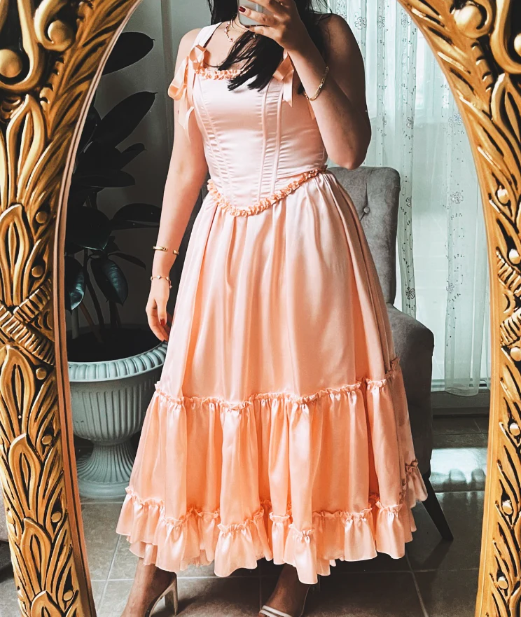 A-Line Square Neck Satin Ruffled Midi Evening Dress - Chloe Dress