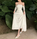 White Halter Satin Long Sleeve Open Back Midi Evening Dress - Chloe Dress