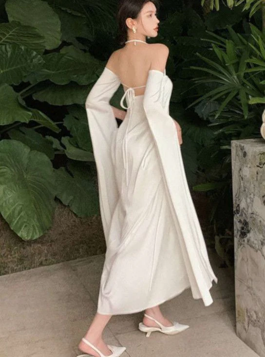 White Halter Satin Long Sleeve Open Back Midi Evening Dress - Chloe Dress