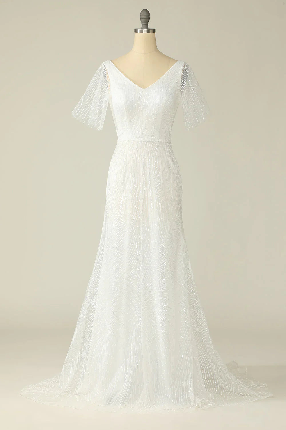 White V-Neck Lace Backless Floor-Length Wedding Dress - Chloe Dress