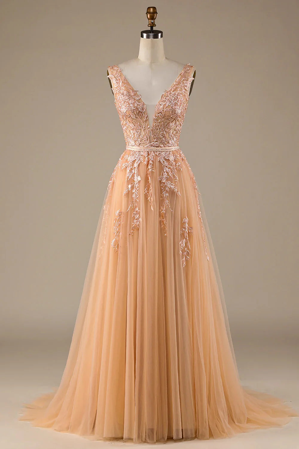 Champagne V-Neck Lace Wedding Dress - Chloe Dress