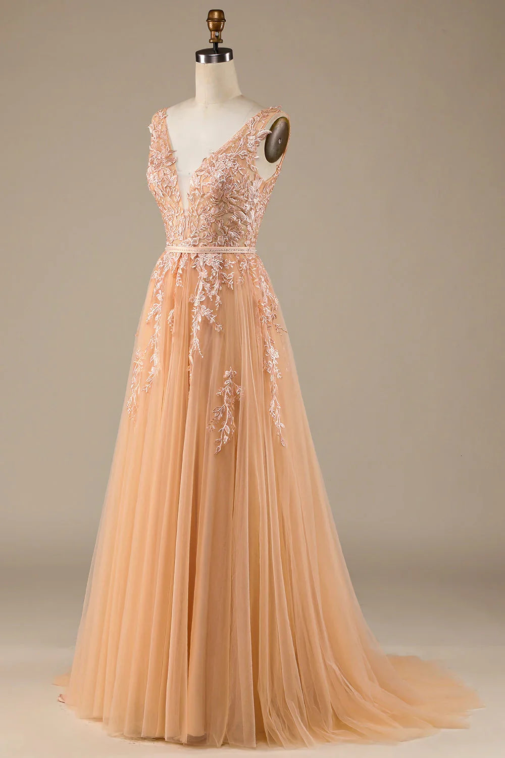 Champagne V-Neck Lace Wedding Dress - Chloe Dress