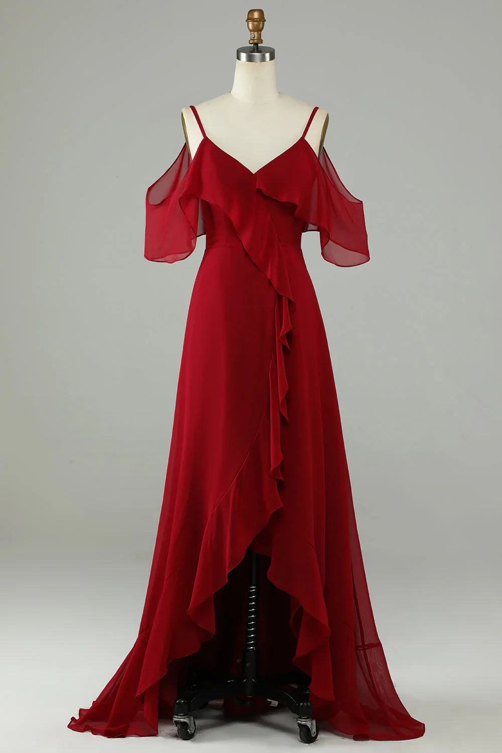 Wine Cold Shoulder Ruffled Wedding Dress - Chloe Dress
