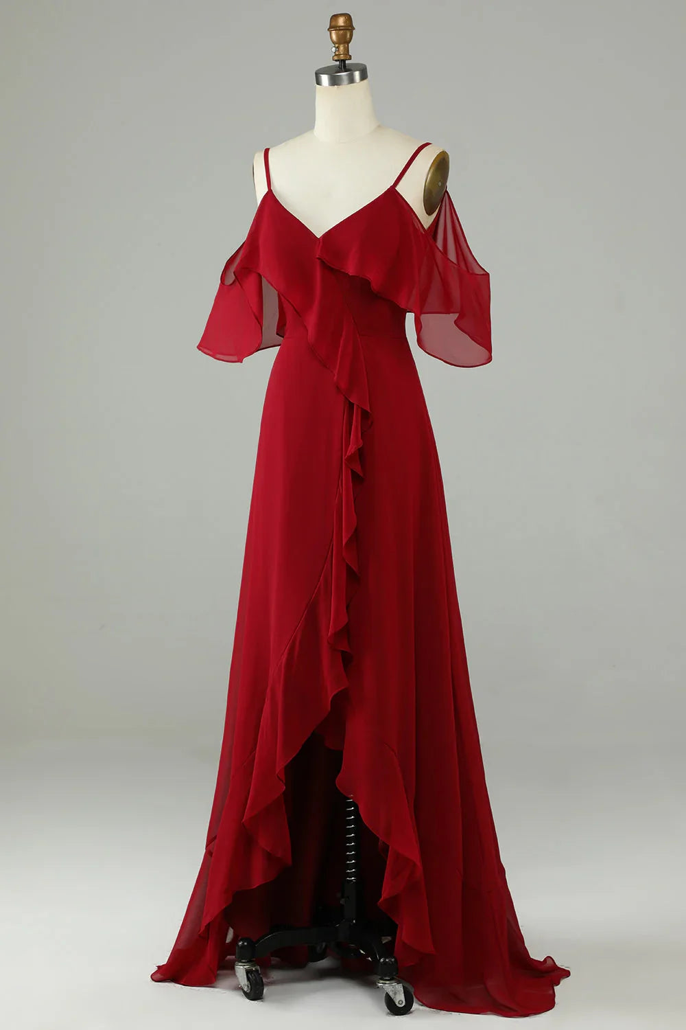 Wine Cold Shoulder Ruffled Wedding Dress - Chloe Dress