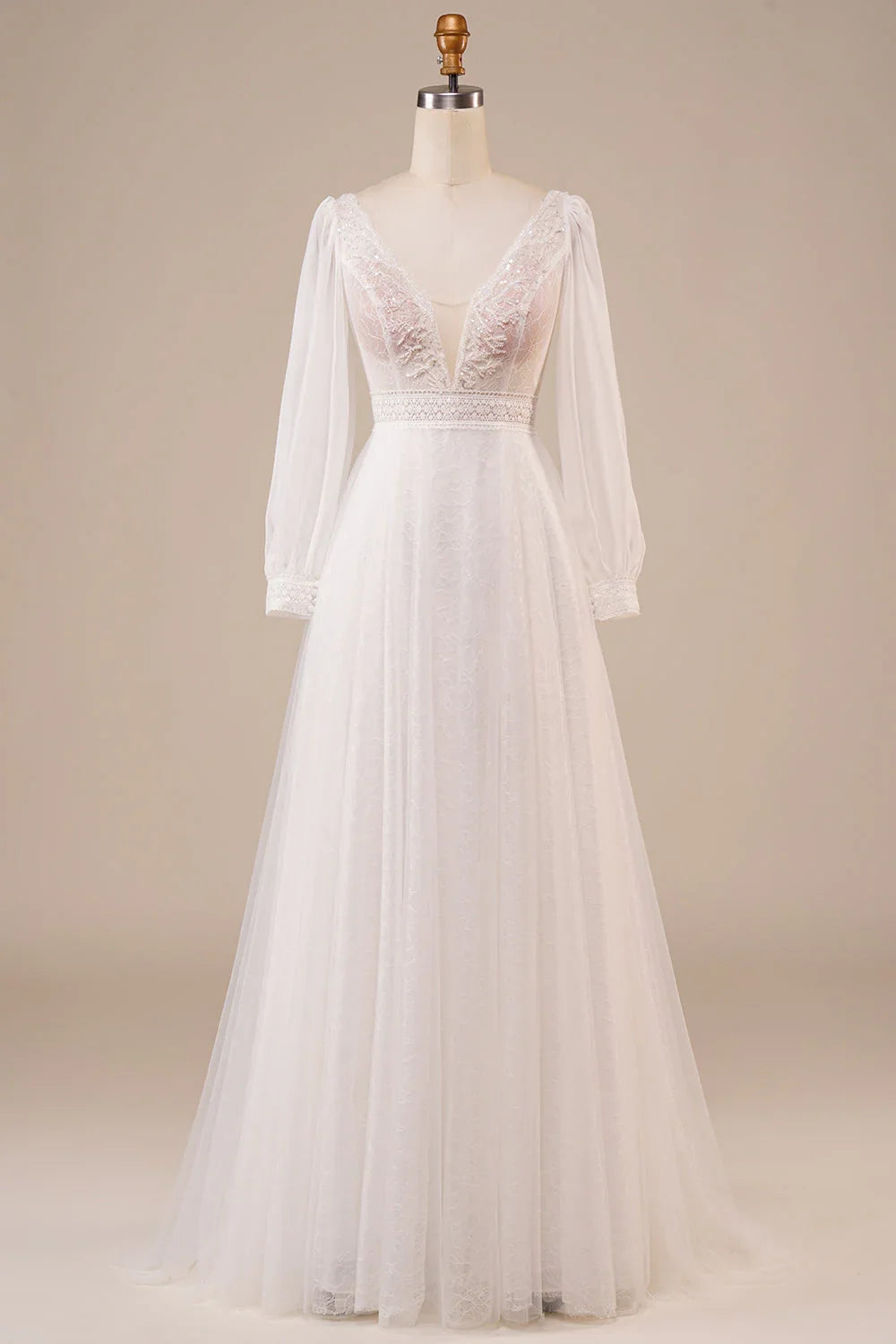 Ivory V-Neck Sleeveless Backless Beaded Wedding Dress - Chloe Dress