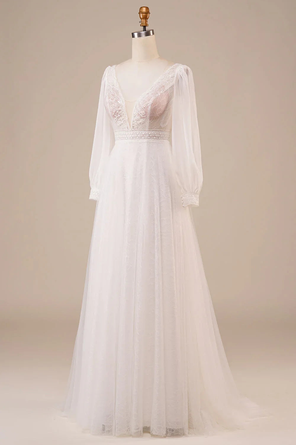 Ivory V-Neck Sleeveless Backless Beaded Wedding Dress - Chloe Dress