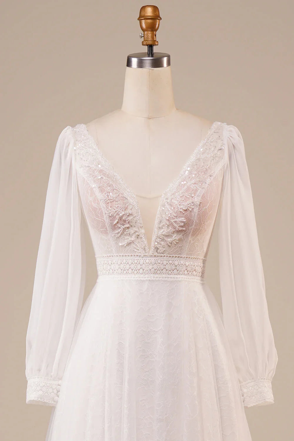 Ivory V-Neck Sleeveless Backless Beaded Wedding Dress - Chloe Dress