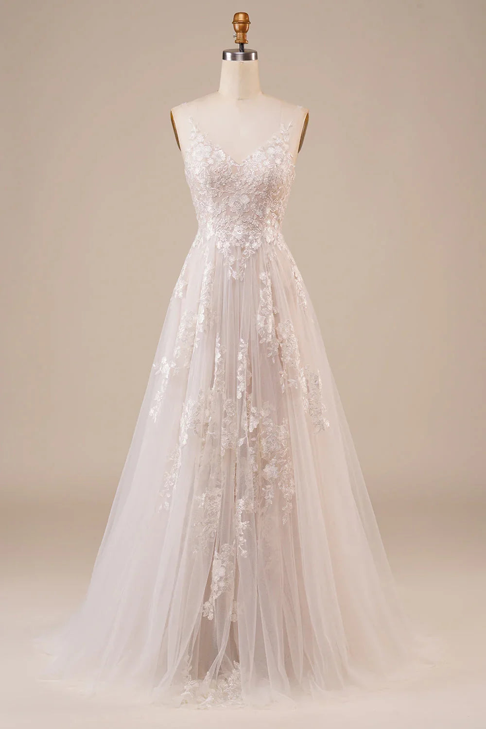 Ivory Off-Shoulder Sleeveless Backless Embroidered Wedding Dress - Chloe Dress