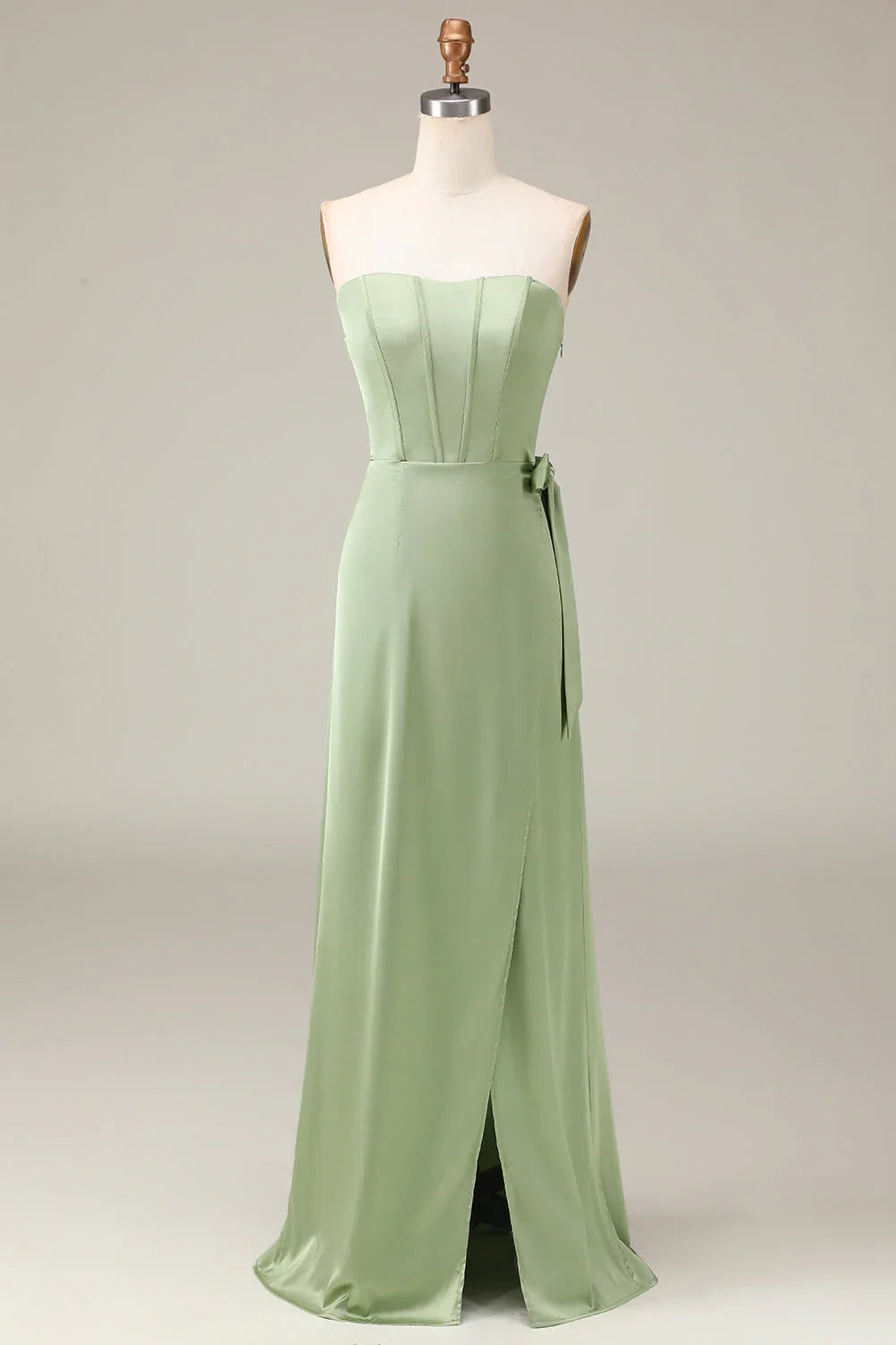 A-Line Strapless Satin Lace-Up Back High Slit Wedding Dress - Chloe Dress