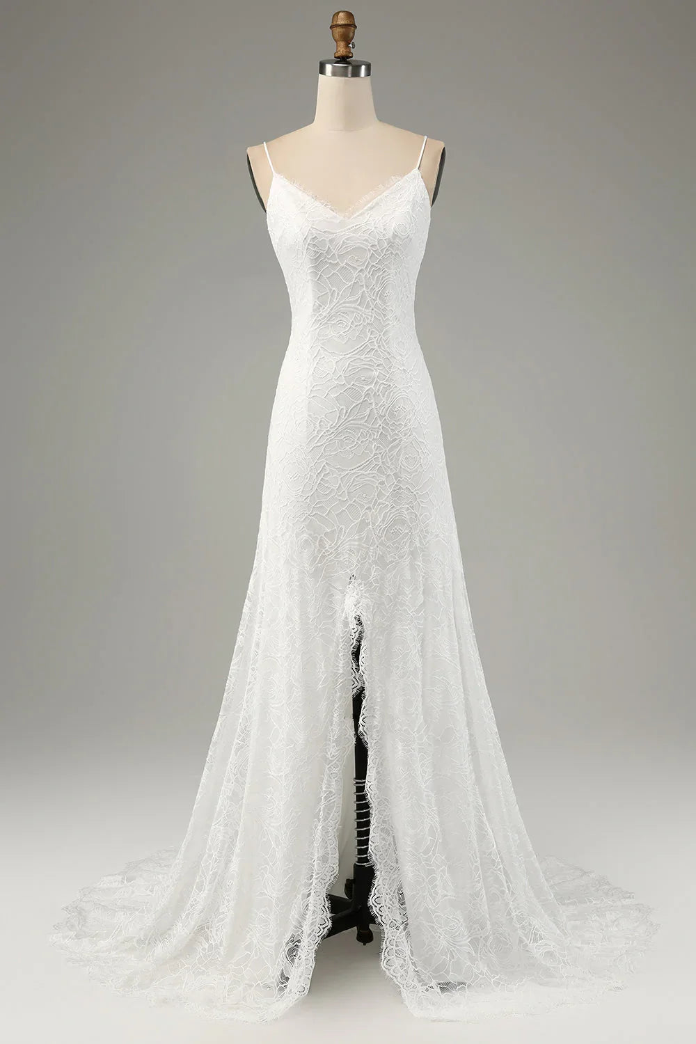 Ivory Lace High Slit Wedding Dress - Chloe Dress