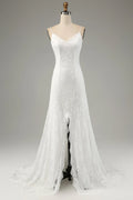 Ivory Lace High Slit Wedding Dress - Chloe Dress