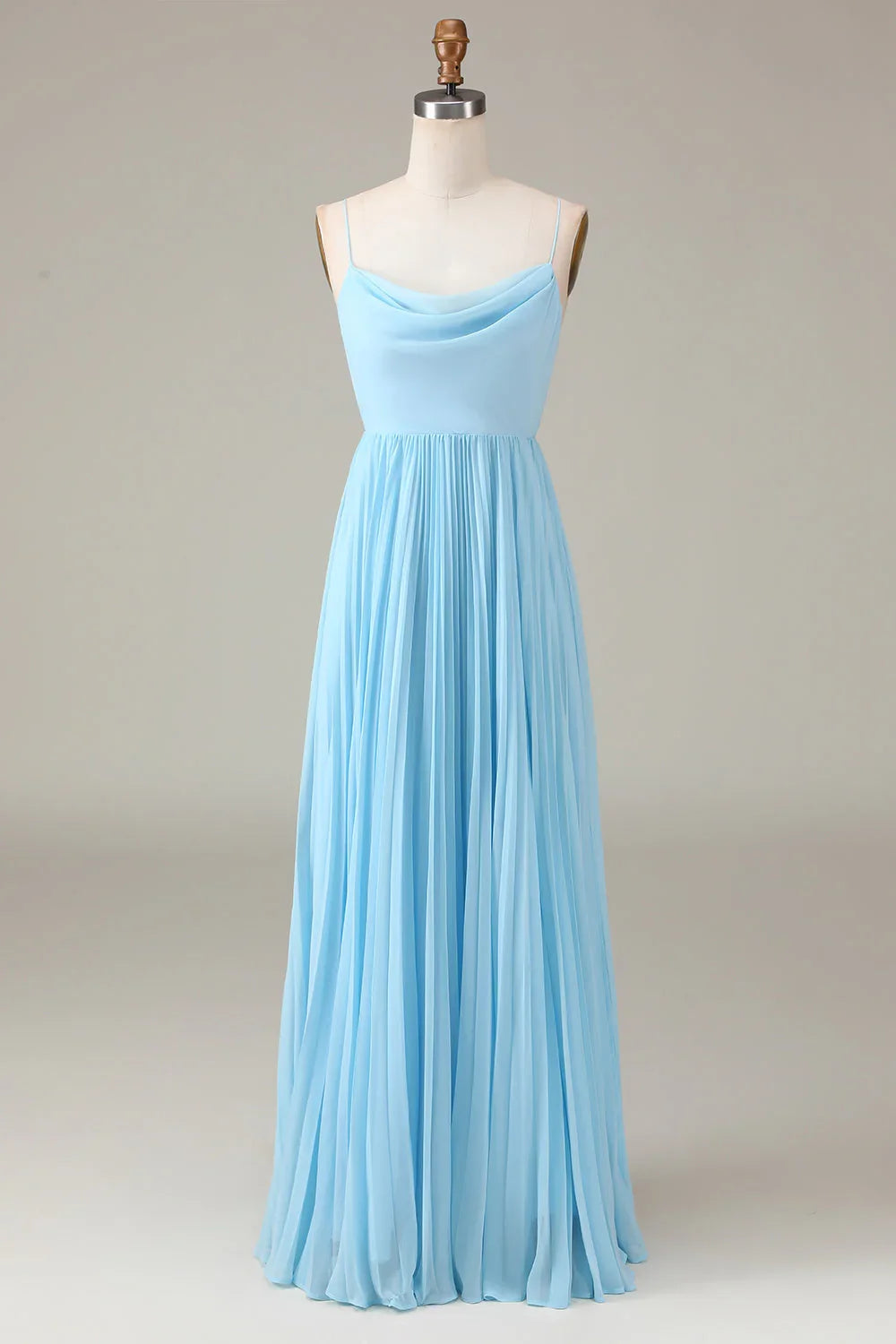 Sky Blue A-Line High Neck Chiffon Backless Pleated Wedding Dress - Chloe Dress