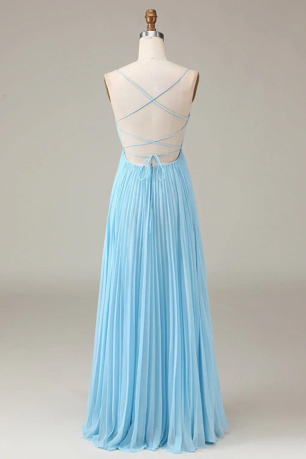 Sky Blue A-Line High Neck Chiffon Backless Pleated Wedding Dress - Chloe Dress