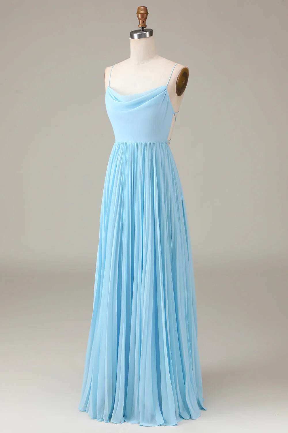 Sky Blue A-Line High Neck Chiffon Backless Pleated Wedding Dress - Chloe Dress