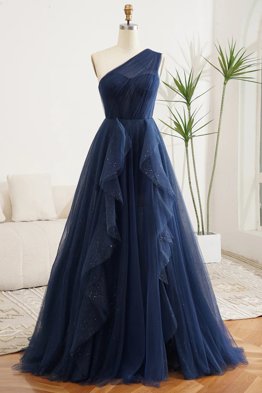Navy Blue A-Line One-Shoulder Chiffon Ball Dress - Chloe Dress