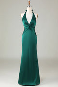 Elegant Mermaid Hanging Neck Sleeveless Deep Green Back Zip Floor-Length Satin Bridesmaid Dress