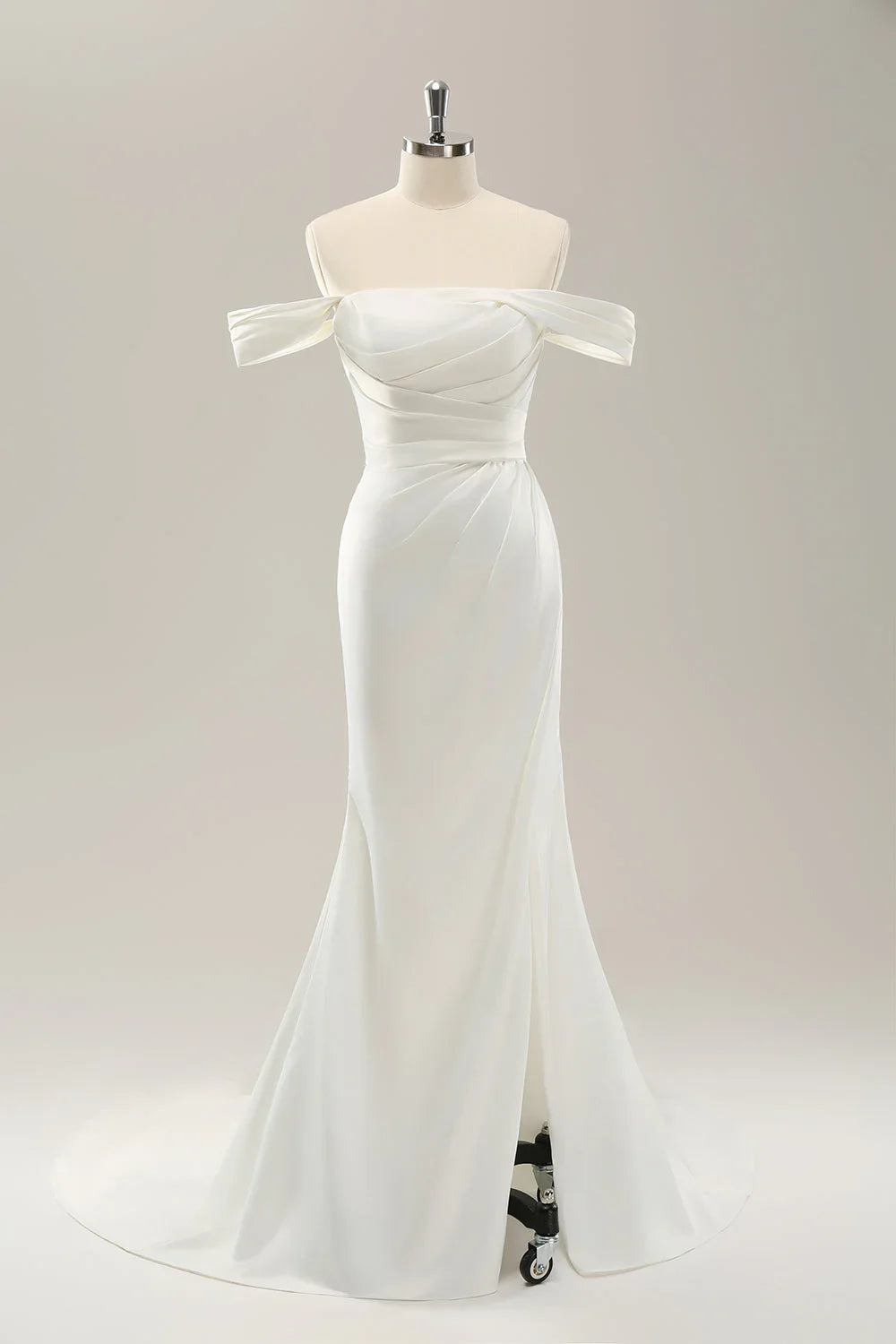 White Off-Shoulder Satin High Slit Wedding Dress - Chloe Dress