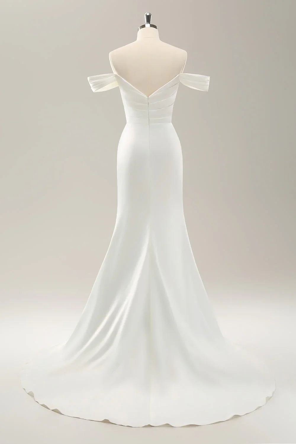 White Off-Shoulder Satin High Slit Wedding Dress - Chloe Dress