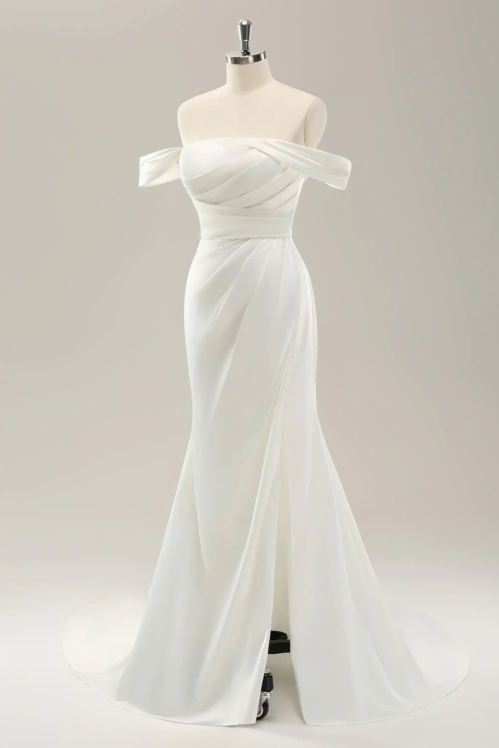 White Off-Shoulder Satin High Slit Wedding Dress - Chloe Dress