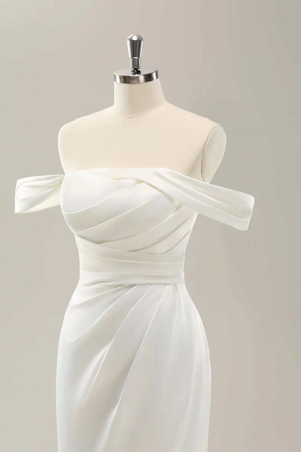 White Off-Shoulder Satin High Slit Wedding Dress - Chloe Dress