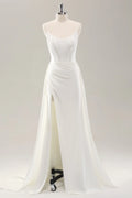 White Satin High Slit Wedding Dress - Chloe Dress