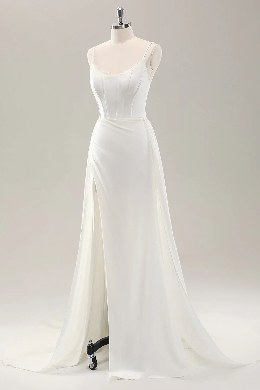 White Satin High Slit Wedding Dress - Chloe Dress