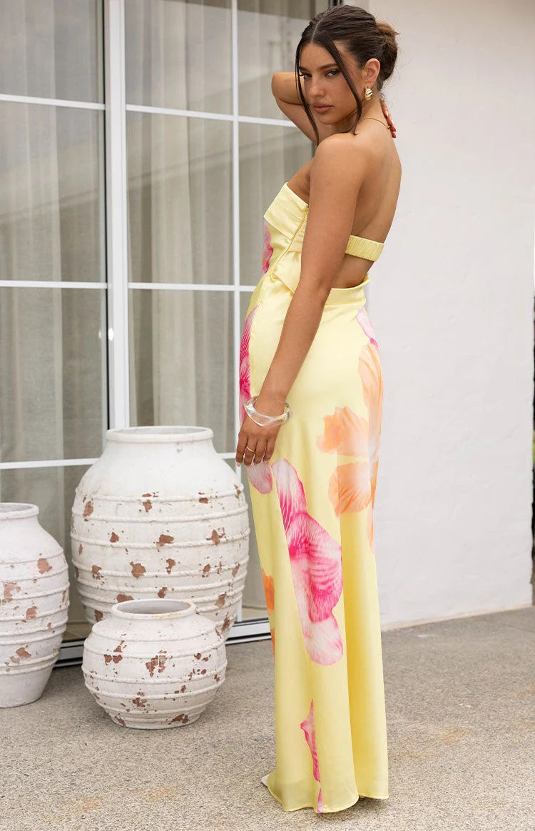 Yellow Strapless Satin Open Back Floor-Length Dress - Chloe Dress