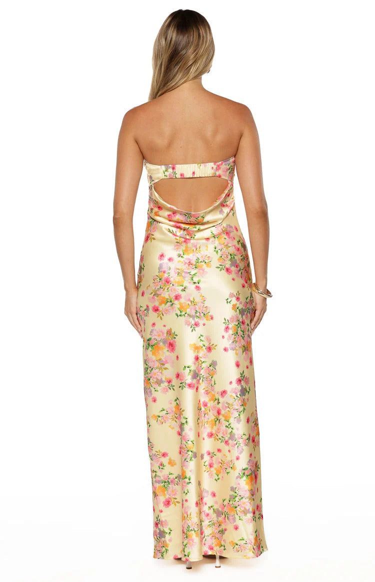 Yellow Strapless Satin Open Back Floor-Length Gown - Chloe Dress
