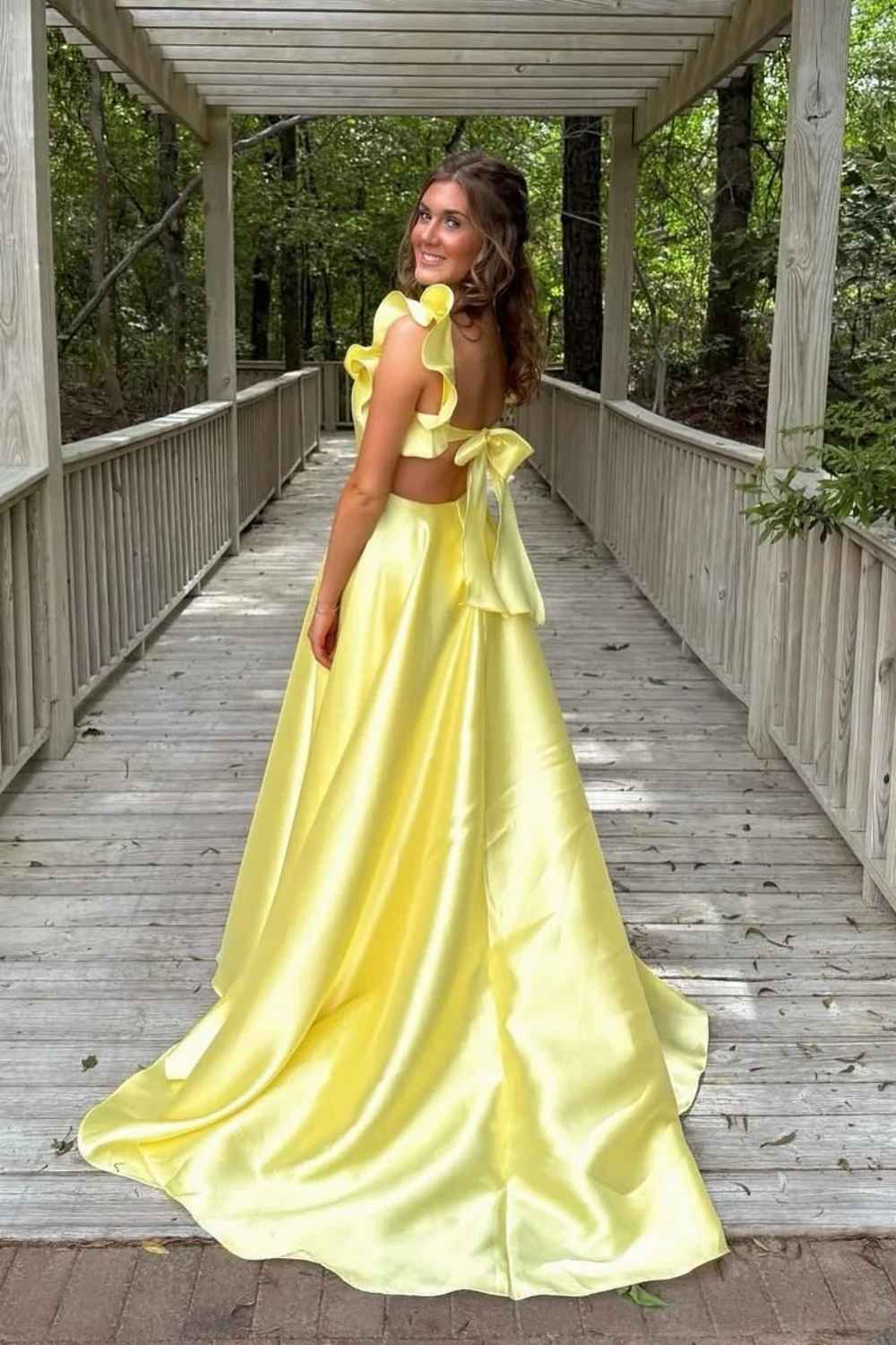 Yellow Satin Backless Ruffled Evening Gown - Chloe Dress