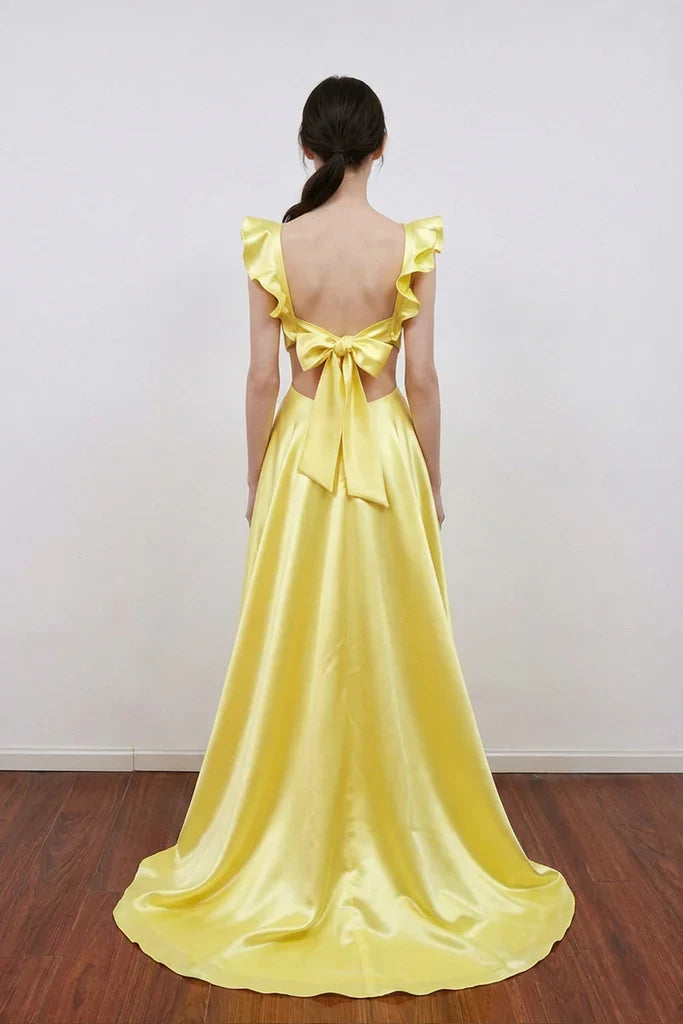 Yellow Satin Backless Ruffled Evening Gown - Chloe Dress