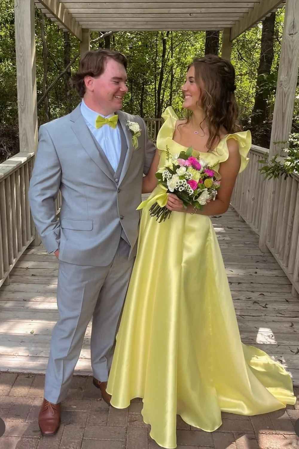 Yellow Satin Backless Ruffled Evening Gown - Chloe Dress