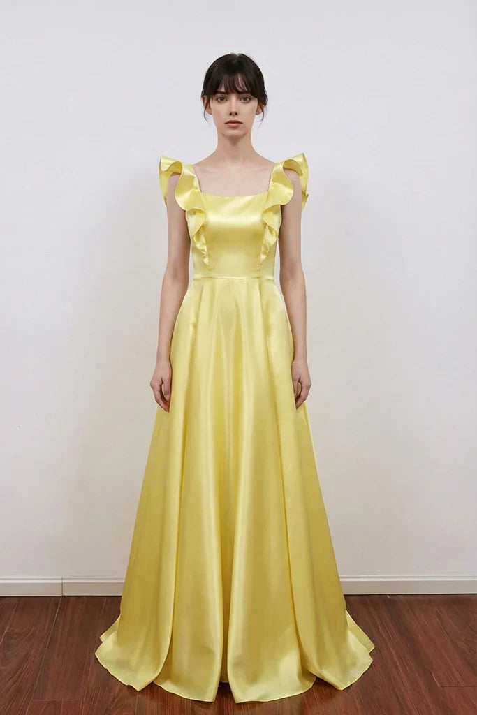 Yellow Satin Backless Ruffled Evening Gown - Chloe Dress