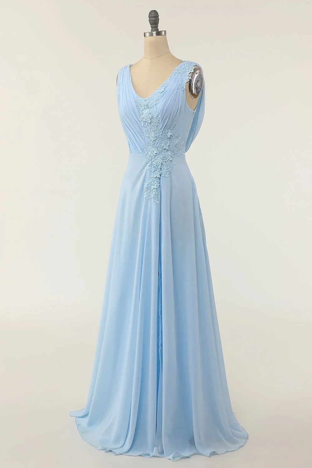 Blue V-Neck Ruffled Wedding Dress - Chloe Dress