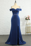 Navy Blue Mermaid Off-Shoulder Beaded Wedding Dress - Chloe Dress