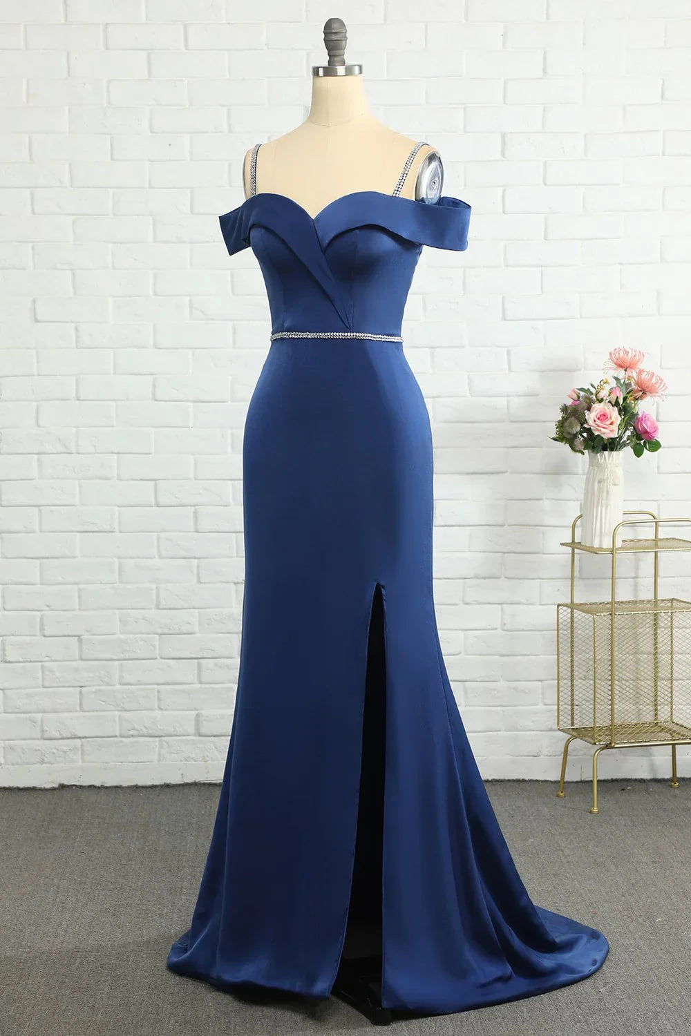 Navy Blue Mermaid Off-Shoulder Beaded Wedding Dress - Chloe Dress