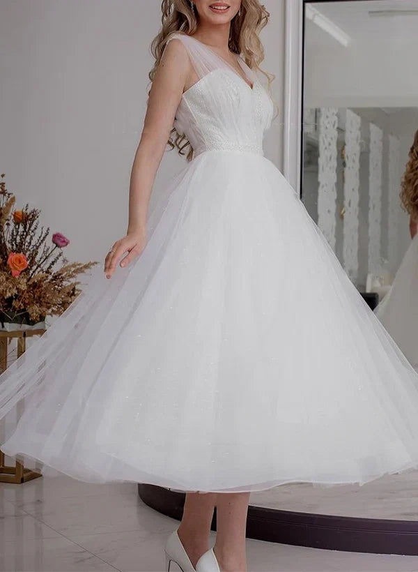 A-Line V-Neck Sequin Sleeveless Ankle-Length Wedding Dress - Chloe Dress