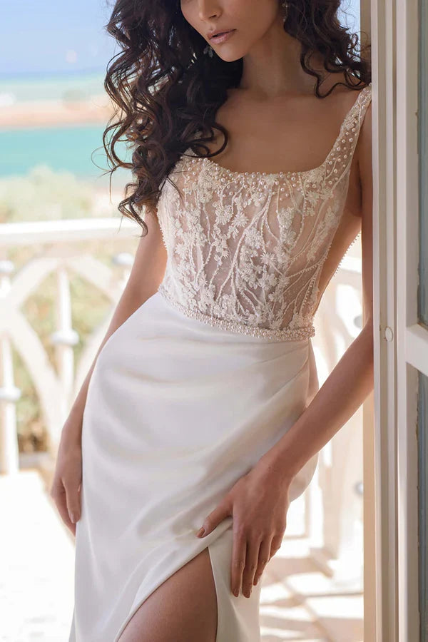 Square Neck Lace High Slit Wedding Dress - Chloe Dress