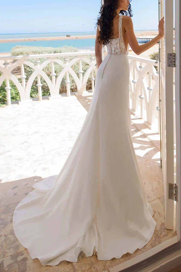 Square Neck Lace High Slit Wedding Dress - Chloe Dress