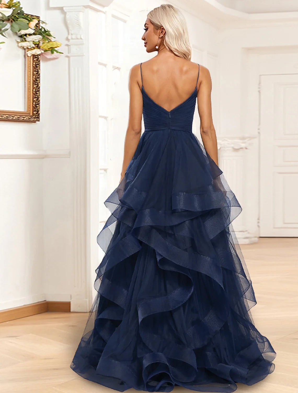 A-Line Spaghetti Strap Organza Sleeveless High Slit Evening Gown - Chloe Dress