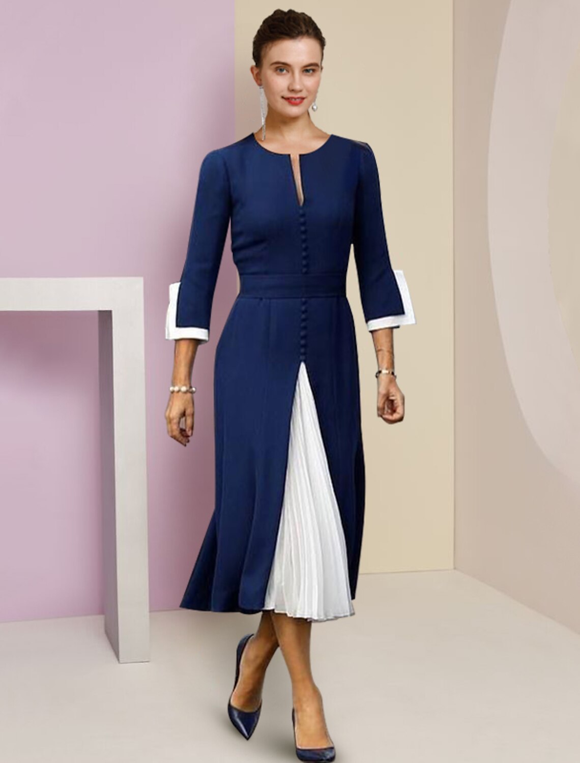 A-Line Chiffon Three-Quarter Sleeve Button Back Tea-Length Wedding Dress - Chloe Dress