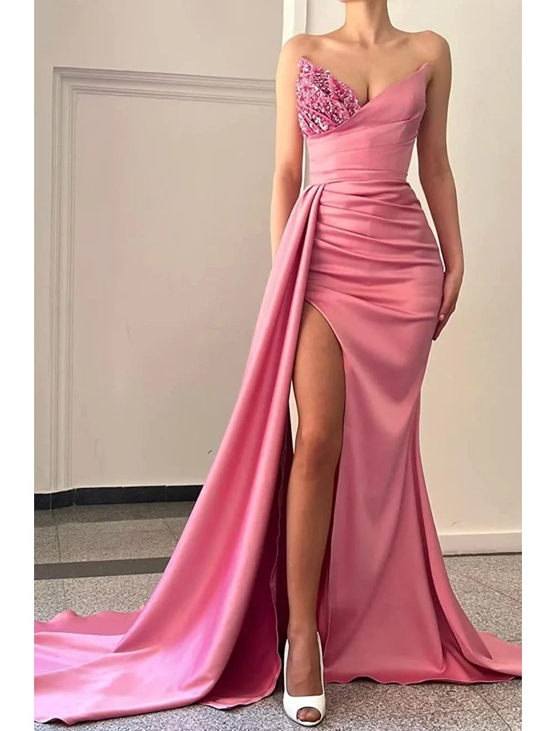 Mermaid V-Neck Satin Sleeveless Backless Pleated Prom Dress - Chloe Dress
