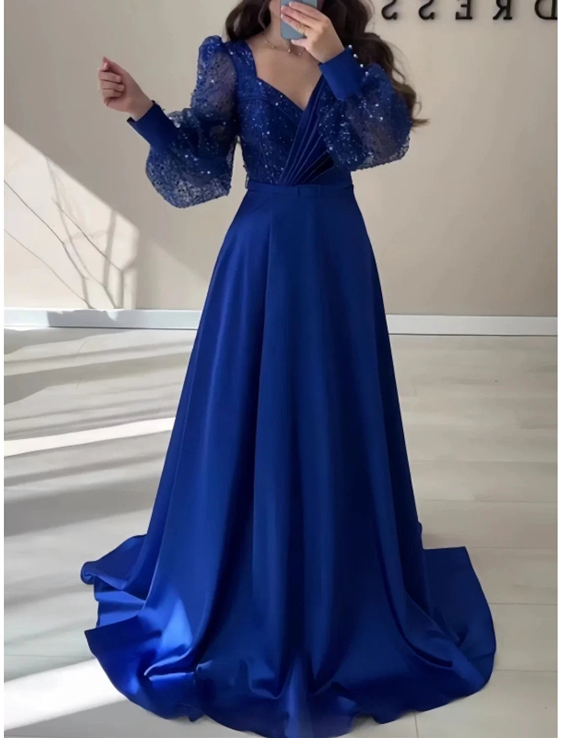 Black A-Line V-Neck Satin Long Sleeve Pleated Evening Gown - Chloe Dress