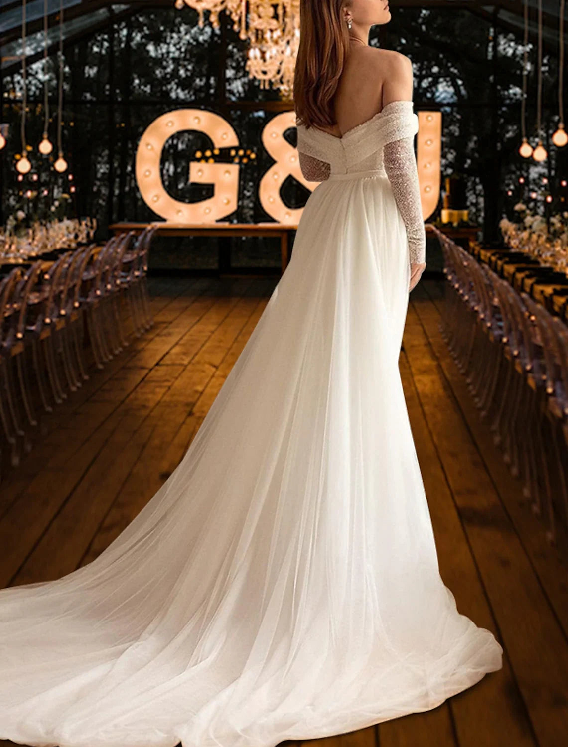 Mermaid Off-Shoulder Sequin Long Sleeve Train Wedding Gown - Chloe Dress