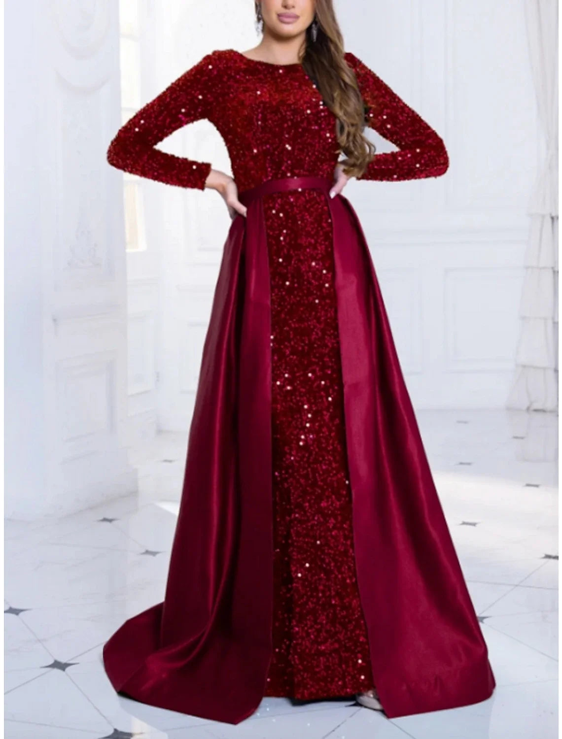 Black A-Line Sequin Long Sleeve Pleated Evening Gown - Chloe Dress