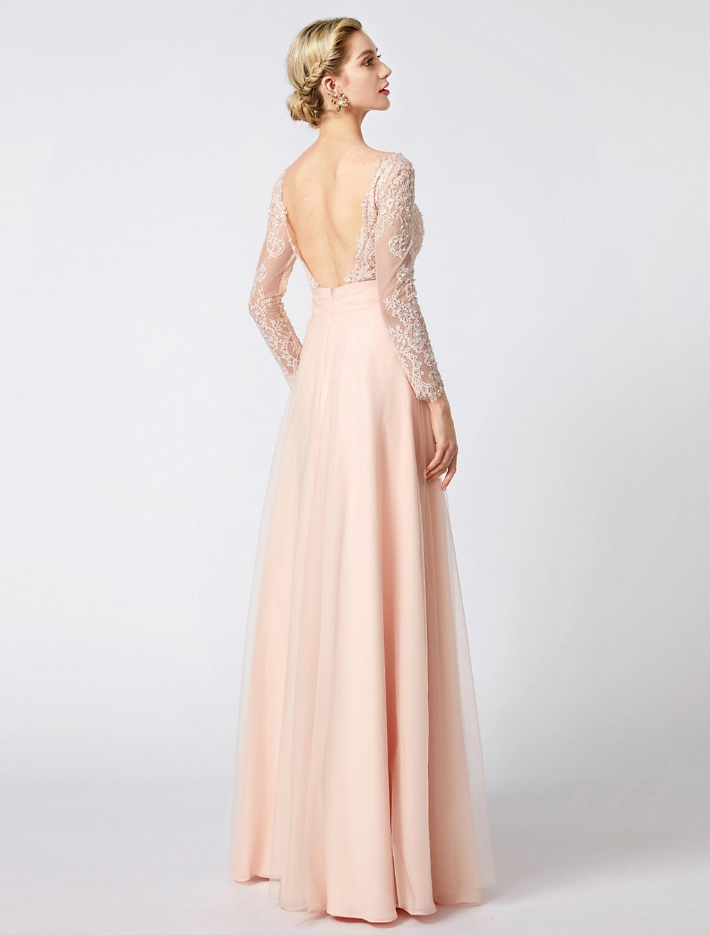 Ball Gown V-Neck Tulle Long Sleeve Open Back Applique Floor-Length Cocktail Gown - Chloe Dress