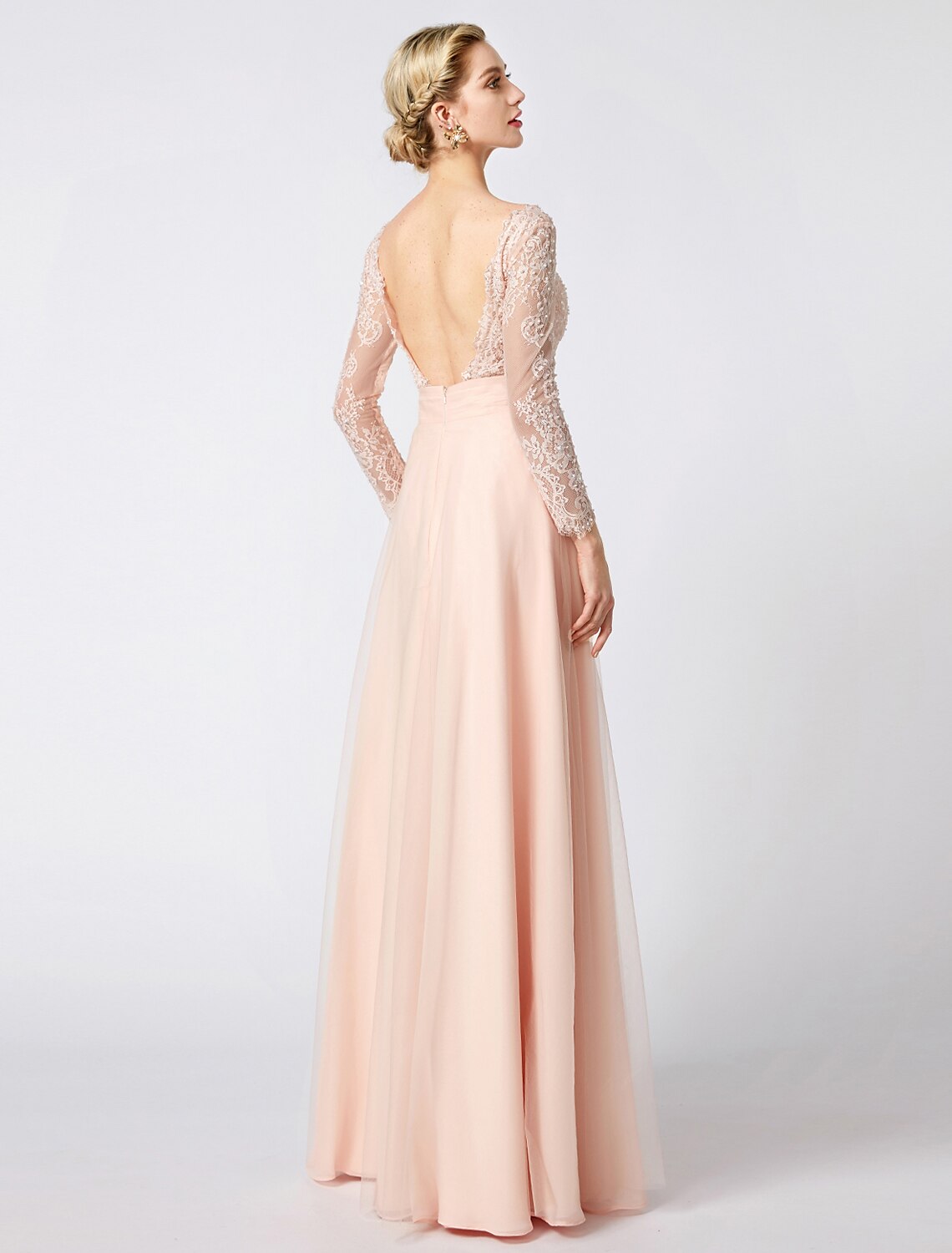 Ball Gown V-Neck Tulle Long Sleeve Open Back Applique Floor-Length Cocktail Gown - Chloe Dress