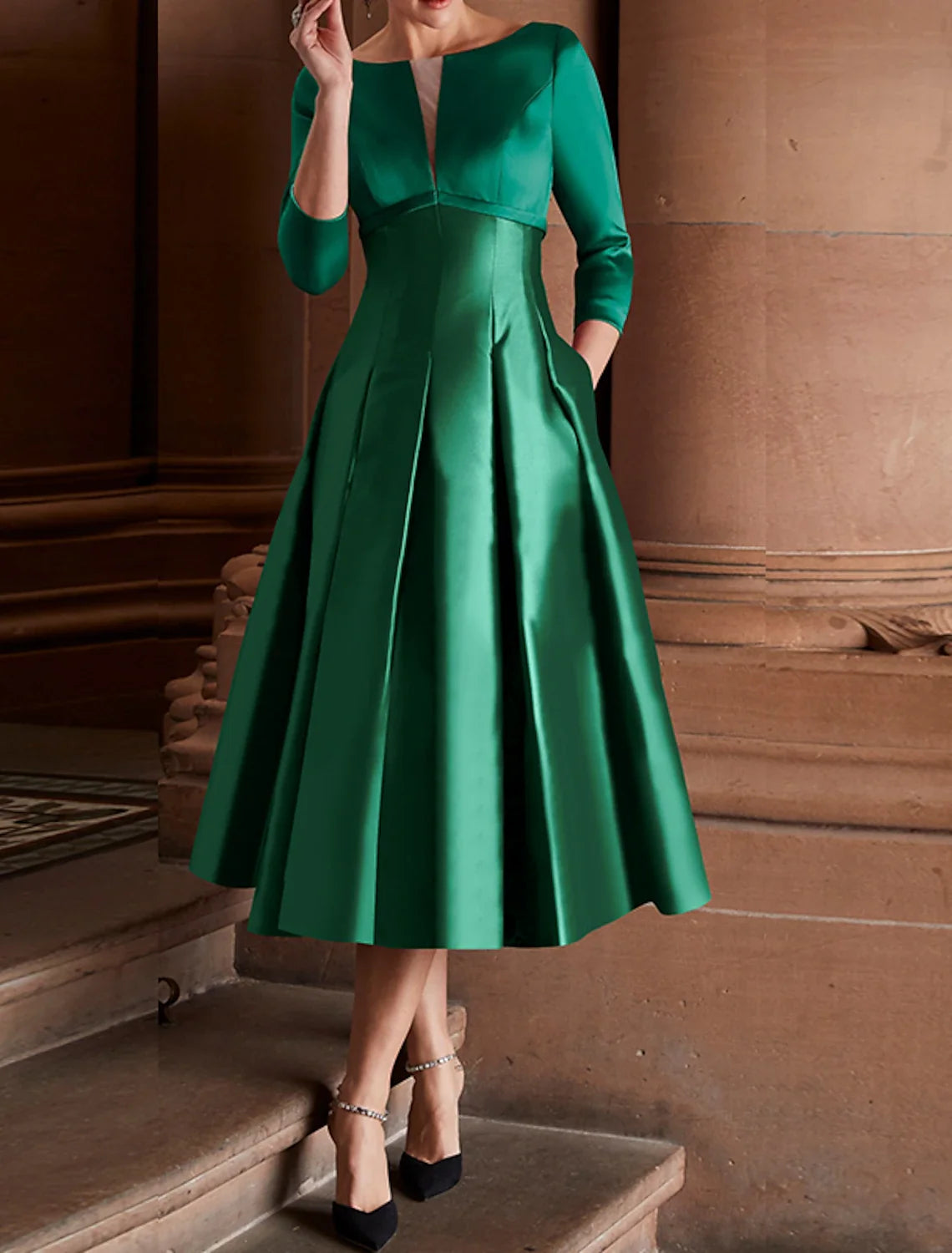 Green A-Line Satin Three-Quarter Sleeve Pleated Mini Wedding Dress - Chloe Dress