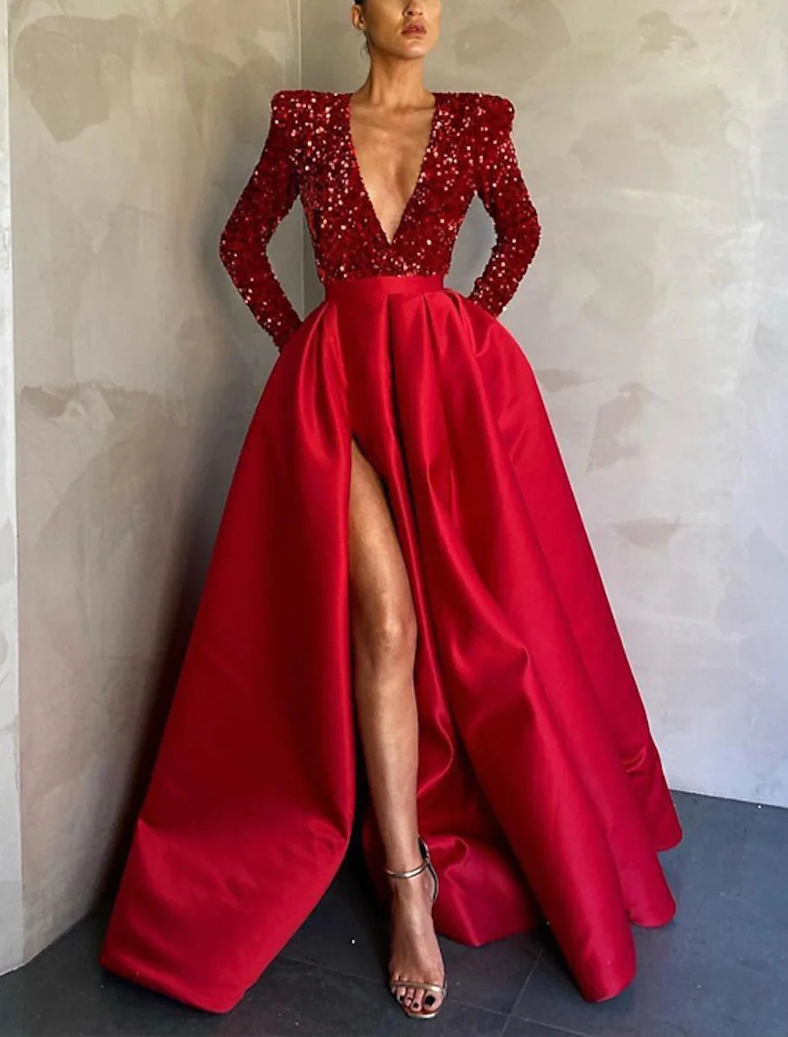 Black Ball Gown V-Neck Satin Long Sleeve Floor-Length Evening Gown - Chloe Dress