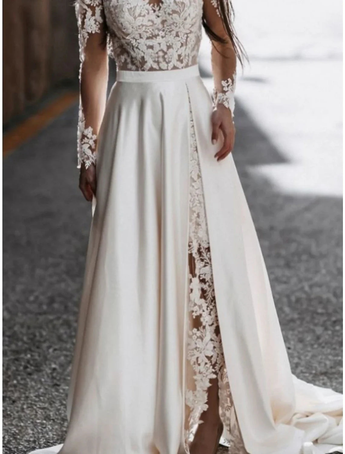 A-Line Off-Shoulder Satin Long Sleeve Pleated Wedding Gown - Chloe Dress