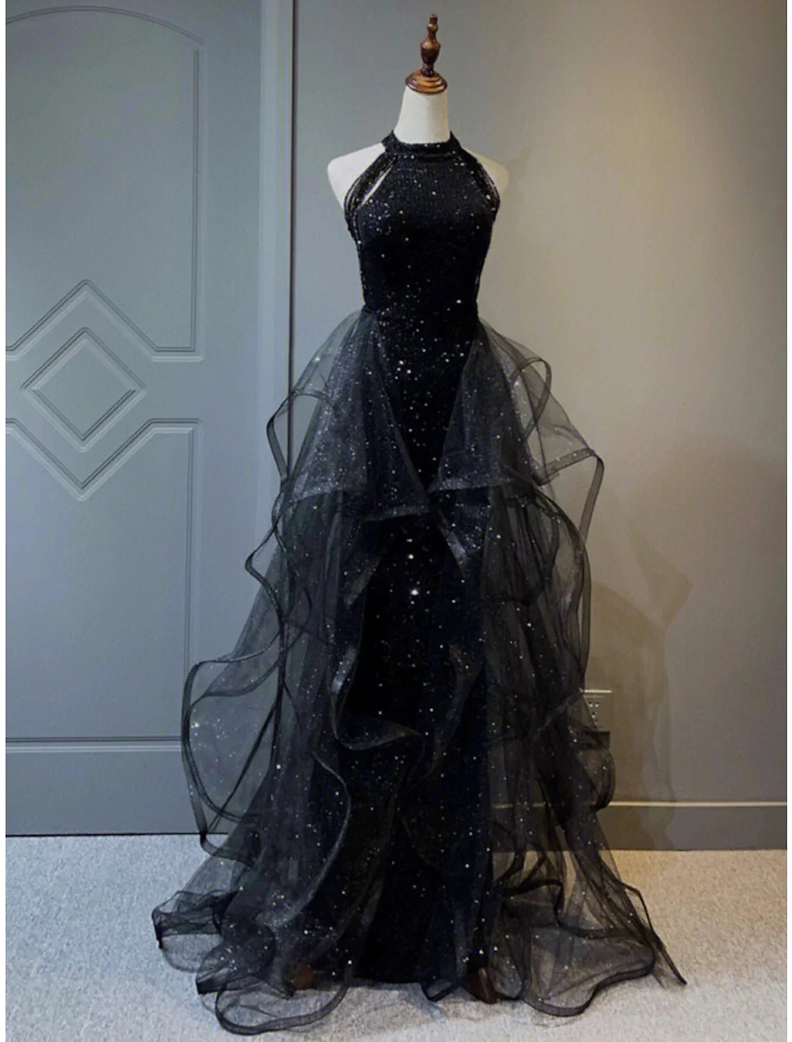 Black A-Line Halter Sequin Sleeveless Ruffled Prom Dress - Chloe Dress